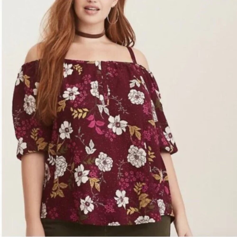 Torrid Floral Rayon Popover Cold Shoulder Blouse 3 22/24   3X